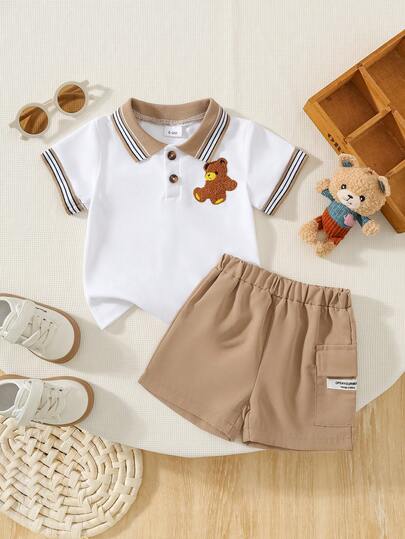 Toddler Boys' Korean Style Polo Outfit, Bear Embroidery Short Sleeve Top Paired With Cargo Shorts, 2pcs Summer Set