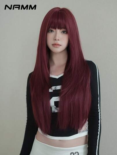 NAMM 32-Inch Red Violet Long Layered Cut Wig For Women,Silky Syntehtic Fiber For Daily Office Wear - Sakura Celebrations Glam & Party Streetwear Photography - Girls Gift Wig Accessories Wig Accessories