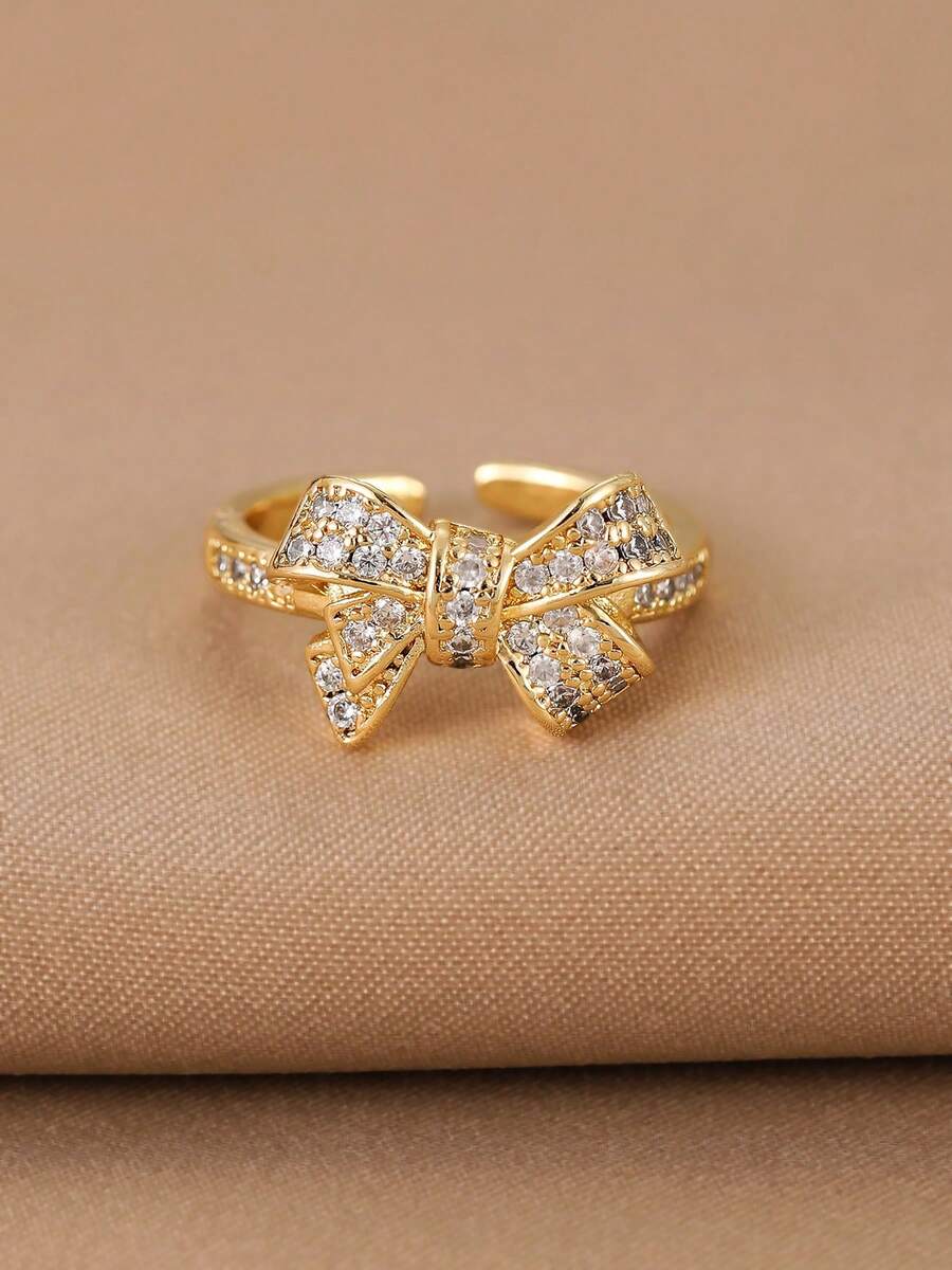 1 Pair Elegant Sweet Fashion Versatile Gold Bow Cubic Zirconia Decorated Ladies Ring, Adjustable Open Design, Suitable For Daily Wear, Commute, Party And Banquet Decoration, Women Jewelry Gift - Multicolor - View 1