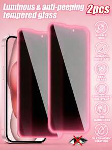 2片裝 粉色發光防偷窺螢幕保護貼，適用於 iPhone 15，氣墊發光設計，易於安裝，可搭配手機殼使用，提供夜間照明與隱私保護，相容 iPhone 17 Pro Max/17 Pro/17 Air/17/16/15 Pro Max/15 Pro/15 Plus/15/14/13/12，手機配件，日常必需品 - 黑色 - 查看 15