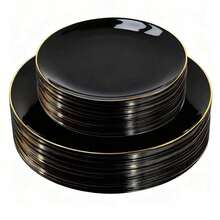 黑色镶边餐具套装，黑色餐盘配金色镶边，适用于生日、派对、宴会、节日聚会、新年庆祝活动、餐饮活动等各种场合。 - 黑色 - 查看 6