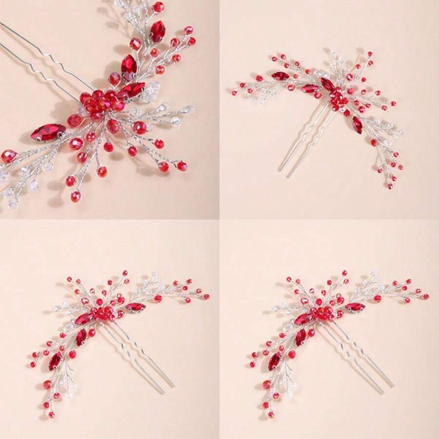 Crystal Silver Hair Piece For Women And Girls Wedding Bridal Red Hair Jewelry Handmade Boho Accessory - Đỏ - Xem 1