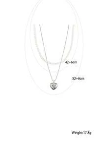 Kalung Hati dan Mutiara Bertekstur Elegan Gaya Korea, Serbaguna untuk Dipakai Berlapis untuk Wanita, Musim Gugur/Dingin - Perak - View 10