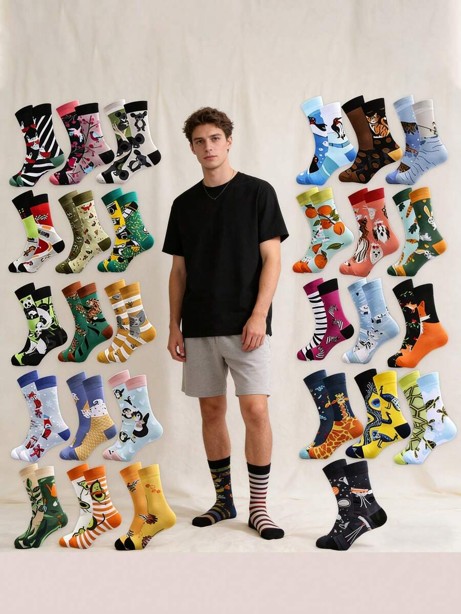 10 Pairs Random Unisex Funny Pattern Fashionable Warm Couple Mid-Calf Socks - Multicolor - View 1