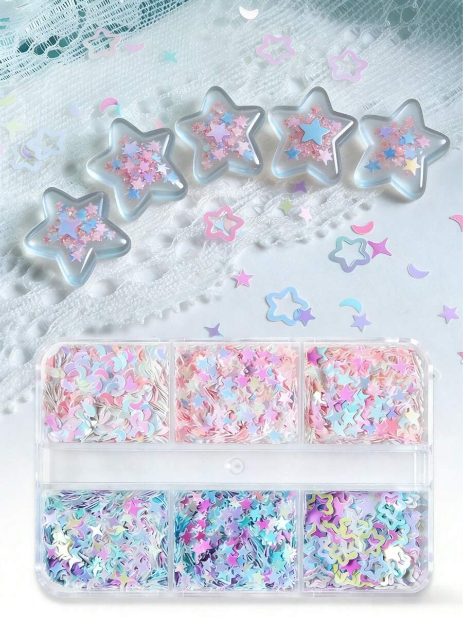 6格盒装美人鱼与星星系列闪光环氧树脂硅胶模具填充材料，炫彩混合风格贴纸，适用于DIY树脂工艺品 - 彩色 - 查看 1