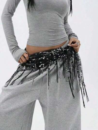 1pc Women's Street Dance Waist Chain & Triangle Scarf, Jazz/Belly Dance Performance Waistband, Sequin Tassel Waist Wrap Skirt Belt, Waist Decor Summer School Fall, Autumn, Halloween