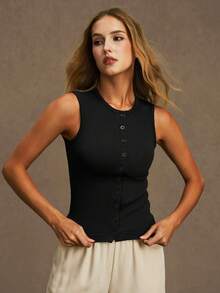 VVX Áo tank top nữ dáng ngắn, có gân, cài nút, không tay, thích hợp mặc đi chơi mùa xuân, đi biển, nghỉ hè. - màu đen - Xem 4