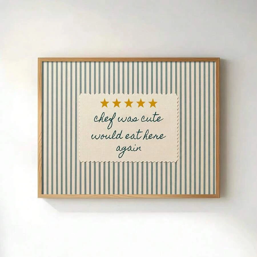 1pc Framed/Unframed Chef Was Cute Would Eat Here Again Funny Quote Canvas Poster Blue Striped Cottage Kitchen Wall Art Print Minimalist Dining Room Decor Vintage Painting For Apartment,Living Room,Modern Home Decoration - A - View 1