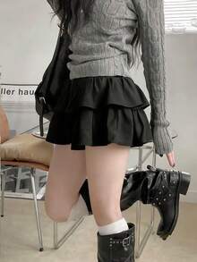 层叠蕾丝拼接半身裙，韩式黑色春季款 - 黑色 - 查看 6