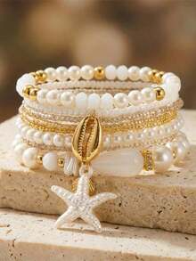 8pcs Crystal Starfish & Shell Bracelet Set, Suitable For Women's Beach Travel Wear - Multicolor - View 6