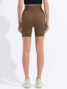 Maternity Seamless Solid Color High Waist Ribbed Waistband Non-Slip Leggings, Basic Fitted Sports Shorts Summer - Rust Brown - View 4