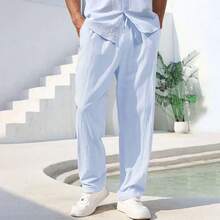 Men's Cotton Linen Pants Straight Leg Lightweight Breathable Comfortable Trousers Beach Style Solid Color Casual Cozy Sweatpants - 海軍 - 查看 5