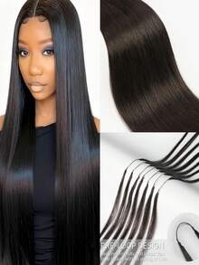 直发羽毛钩编真人发接发，可重复使用，无结预绕式，天然黑色钩编真人发接发，未经加工的真人钩编发，带绳子 - SNatural - 查看 2