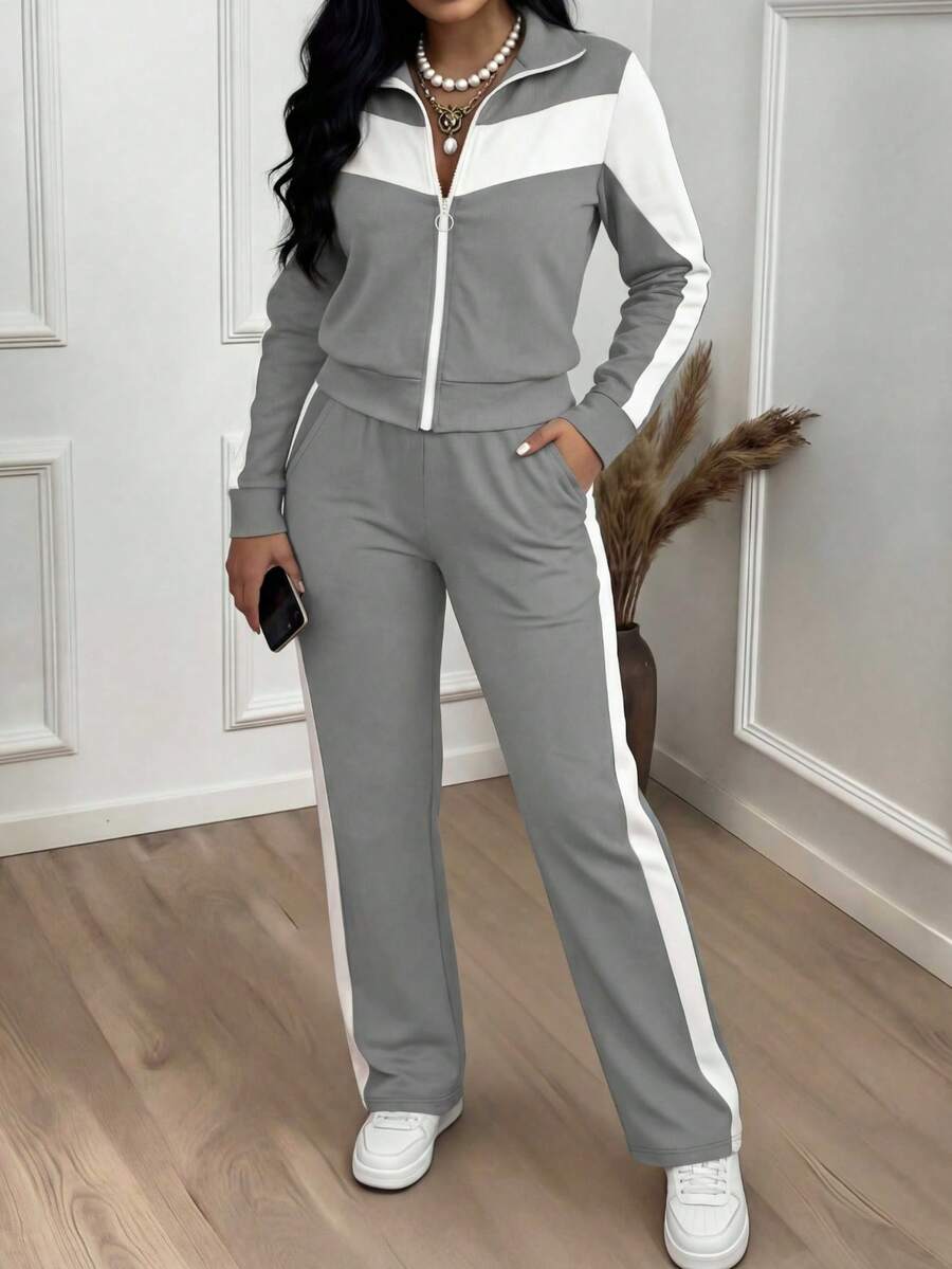 2pcs Women's Color Block Zipper Jacket And Casual Pants Set, Sports Style, Suitable For Spring And Autumn - Grey - View 1