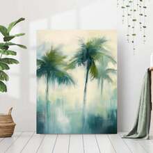 Cuadro Decorativo 2D Plano de Palmera Abstracta - Arte Moderno Minimalista Verde y Beige Tropical con Marco Envolvente, Diseño Texturizado de Pinceladas para Sala de Estar, Dormitorio, Baño, Cocina, Oficina en Casa, Aula - Impresión Decorativa Serena con Tema de Naturaleza, Decoración para Casa en la Playa, Decoración de Pared con Cuadros, Arte de Pared Enmarcado, Arte de Pared en Lienzo - Enmarcado - Ver 2