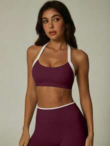 UONNOU Bộ đồ tập yoga, áo ngực thể thao viền tương phản và quần legging nâng mông dành cho phòng tập và chạy bộ. - Màu tím - Xem 2