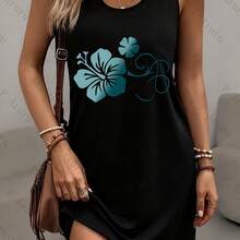 Lemon Style Casual Dress For Women - Sleeveless Mid-Length Dress With "Hibiscus" Pattern, Suitable For All Seasons, Easy To Wash, Ideal Gift For Her, Featuring Pocket Design Sleeveless Crew Neck Tunic Dress With A Straight Cut For A Casual Style.Women's Casual  Graphic Sleeveless Dress - Black Round Neck Machine-Washable All-Season Wear With Bold Lips,  Comfortable Fit - Black - View 1
