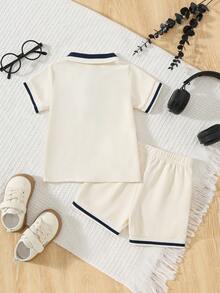 2pcs/Set Baby Boy Minimalist Outfit, Contrast Color Polo Shirt Paired With Matching Shorts, Summer - Apricot - View 2
