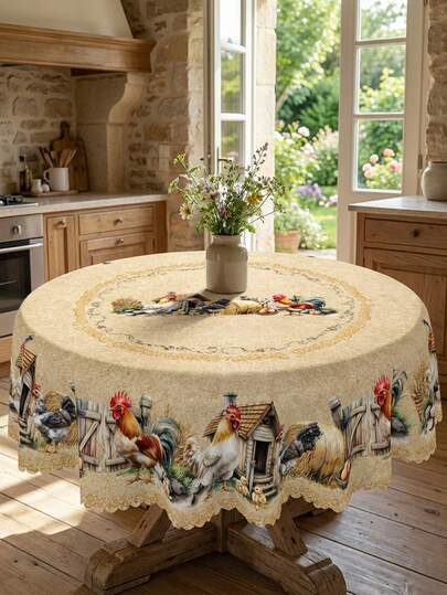 1pc, Vintage Farm Rooster Table Decor Tablecloth, Rooster, Chick, Egg And Farm Scene Print, Woven Polyester Fabric, Suitable For Family Room Decoration, Kitchen Decoration, Spring Outdoor Garden, Holiday Party, Restaurant Banquet Decoration