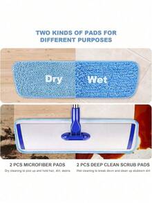 18" Professional Microfiber Mop Floor Cleaning System, Flat Mop With Stainless Steel Handle, 4 Reusable Washable Mop Pads, Wet And Dust Mopping For Hardwood, Vinyl, Laminate, Tile Cleaning - 藍色 - 查看 2