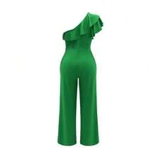 Macacão Longo feminino chique de um ombro só com babados - Cintura alta, folgado, cor sólida - Verde - Visão 5