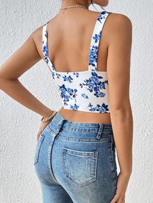 Top corset con patrón de porcelana estilo retro Y2K, body corto con estampado floral azul y blanco que realza el busto - azul real - Ver 3