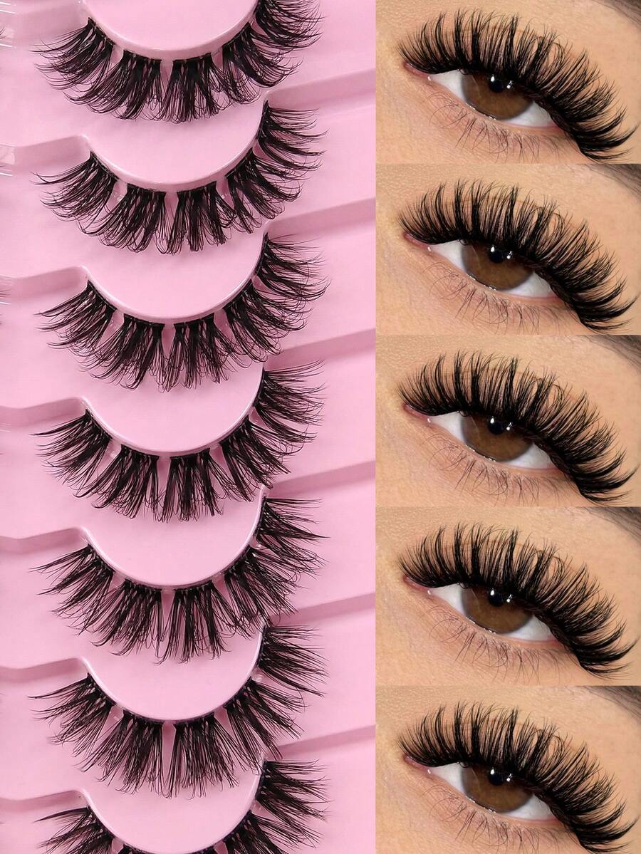 7对D卷翘假睫毛，可DIY裁剪成睫毛簇，完美3D立体分层，宽跨度睫毛簇，超薄透明带仿貂毛睫毛