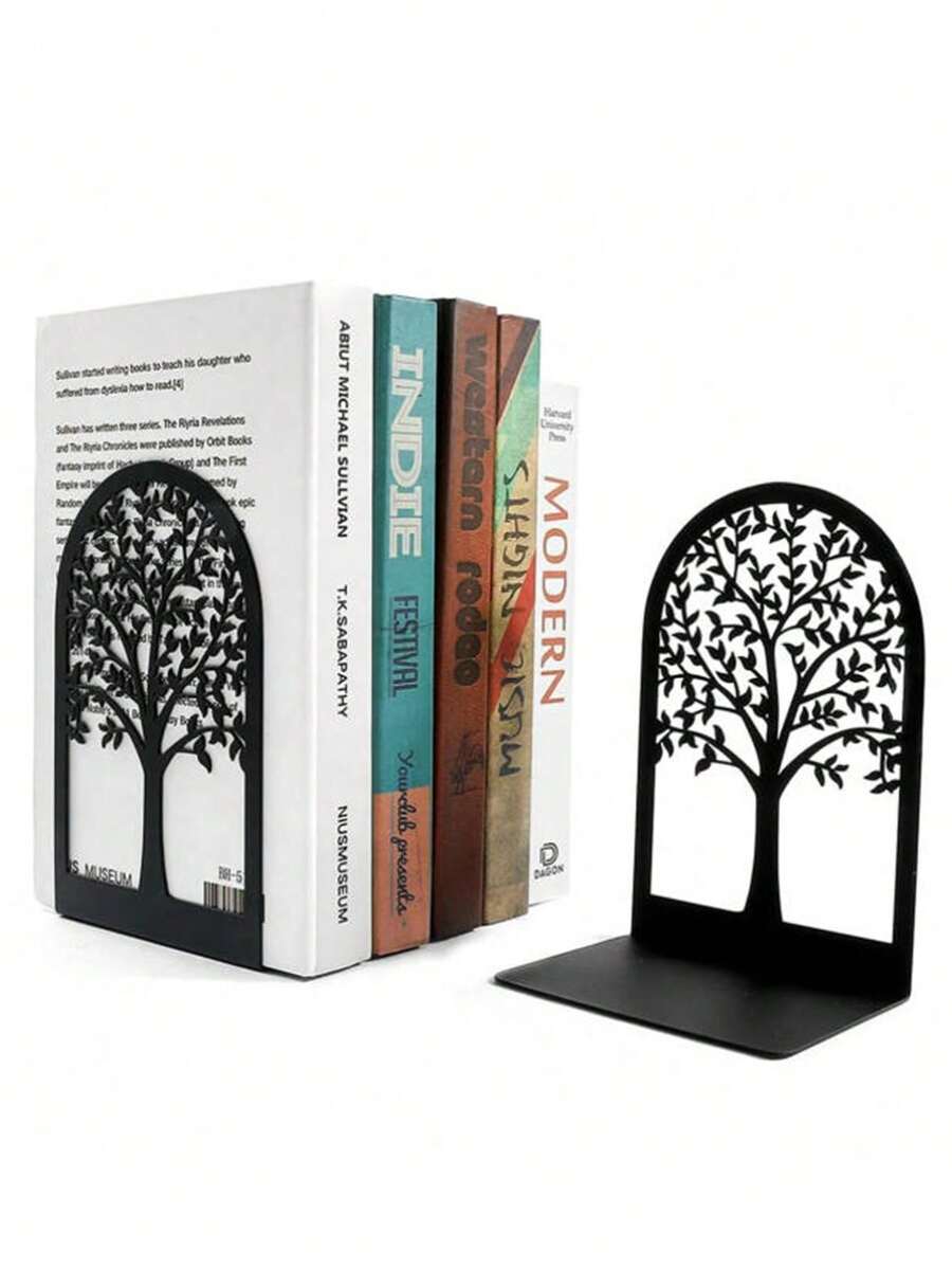 1 par de estante de libros con diseño hueco en forma de árbol de hierro, estantería de libros de hierro, soporte de libros, estante de almacenamiento de escritorio para el hogar, oficina y biblioteca - Multicolor - Ver 1