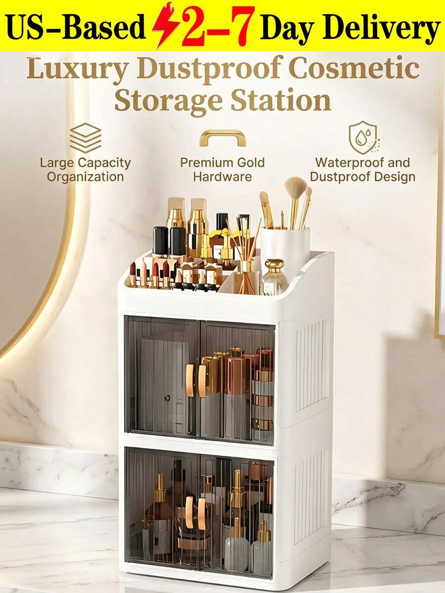 (2-7 Daysmust Arrive)1-Piece Makeup Storage Box, Acrylic Foldable Sliding Door Design, Transparent Lid Cosmetic Display Cabinet, Large Capacity Skincare & Beauty Organizer, Ideal Gift For Women, Suitable For Bedroom And Bathroom Vanity, Stores Lipsticks, Brushes, Nail Polish, Perfect For Beach Vacations, Bathroom Organization, Bedroom Storage, Large Capacity, Foldable Double-Door Crown Storage Box With Multi-Tier Stationery Rack For Home Cosmetics And Skincare Organization. Desktop Storage Cabinet For Vanity Clutter, Multi-Tier Double-Door Dustproof Office Desk Storage Box. - Nhiều màu - Xem 1
