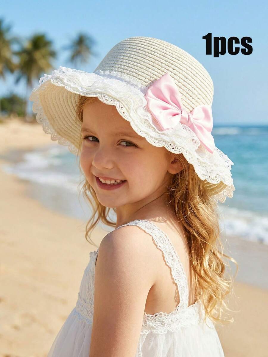1 chiếc mũ rơm màu be gợn sóng, nơ to, màu hồng cho bé gái, mũ chống nắng mùa hè cho bé đi biển với lưới ren, phù hợp cho trẻ từ 3-8 tuổi. - 1PC - Xem 1
