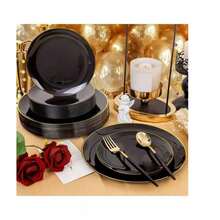 黑色镶边餐具套装，黑色餐盘配金色镶边，适用于生日、派对、宴会、节日聚会、新年庆祝活动、餐饮活动等各种场合。 - 黑色 - 查看 3