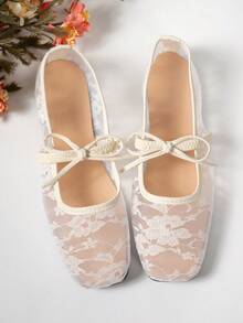 Lace Mesh Square Toe Flat Shoes For Women, Breathable Bow Mary Jane Shoes - White - View 4