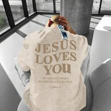 [100% Cotton]  Christian Jesus Loves You Shirts For Men Religious Oversized  Jesus Faith Acid Wash T Shirt God Top- Unisex Women's & Men's Campus Daily Wear - 杏色 - 查看 5