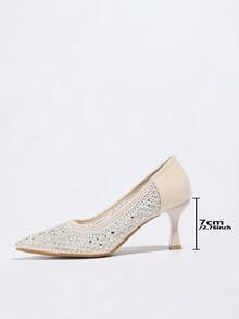 Damen High Heel Pumps, neue nude Farbe mit funkelnden Strass-Mesh, atmungsaktiv, spitzer Zehenbereich, Kittenferse, geeignet für Hochzeitsfeiern, formelle Kleider - Aprikosenfarben - Übersicht 4