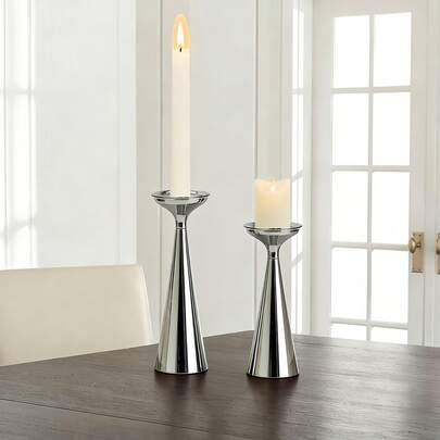 WAXJJDW 2pcs Silver Electroplated Iron Trumpet Vase Dual-Use, For Tabletop Center, Conical Candle Holder, Metal Candle Stand, Room Decor, Valentine's Day, Mother's Day, Labor Day Decor, Home Decor (Candles Not Included), Modern Home Wedding Decor Center Piece (Flowers Not Included)
