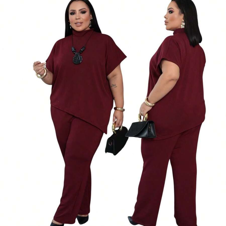 Elegant Plus Size Asymmetrical Set: Wide-Leg Pants And Loose-Fit Top - 查看 1