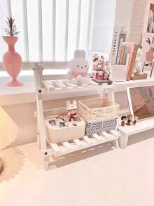手工木制折叠式极简桌面收纳架，梯形桌面展示架，双层固定式储物架带横杆，适用于卧室床头柜、梳妆台、书房、宿舍、咖啡厅等场所。 - 彩色 - 查看 9