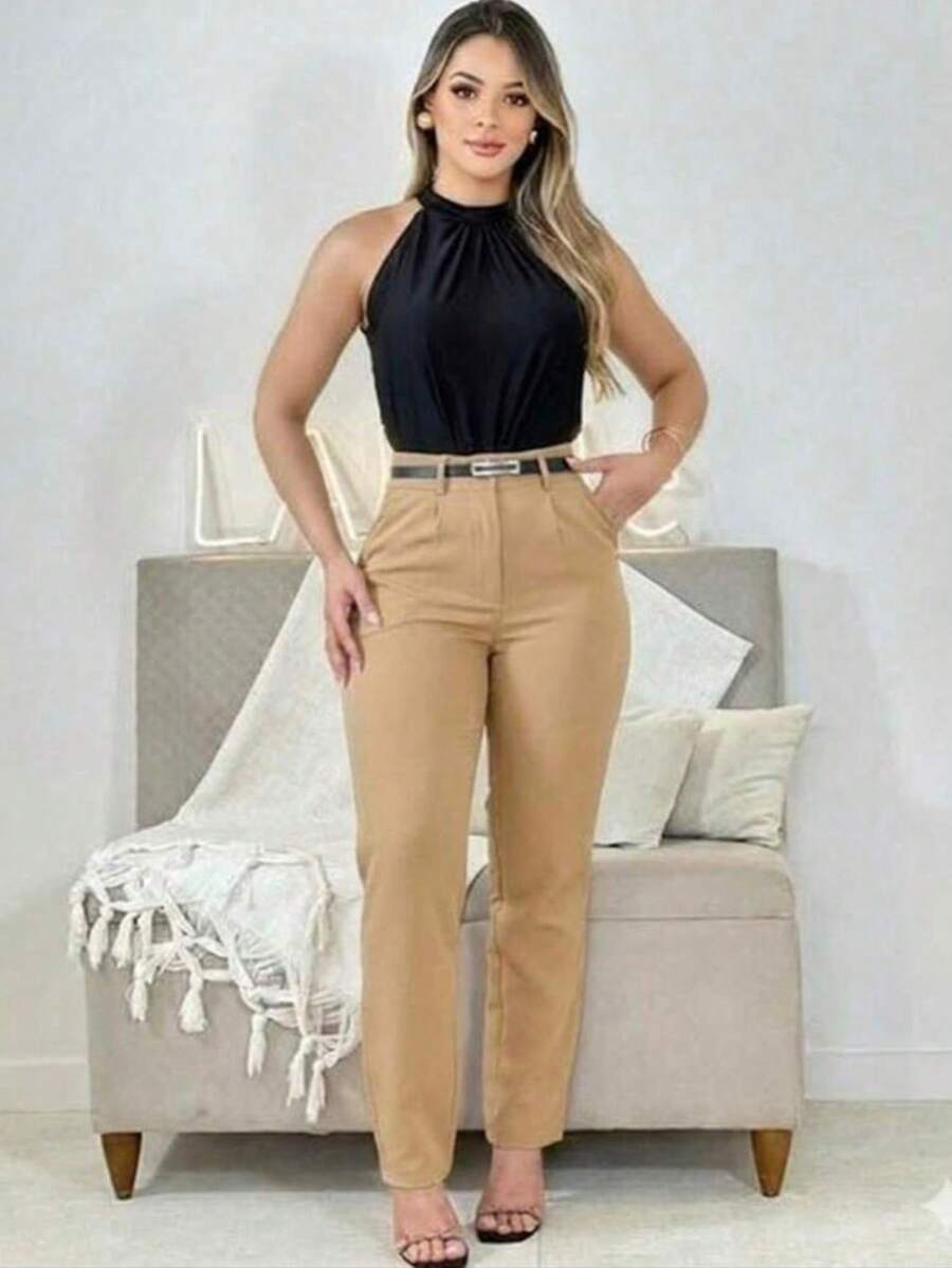 Women's Tailored Dress Pants With Belt, Sizes P To G3, Office Style, 2026 - 米色 - 查看 1