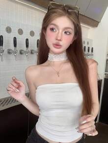 性感蕾丝吊带背心，带胸垫，修身露背设计，适合夏季休闲穿着。 - 白色 - 查看 4