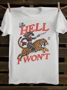 Women's "The Hell I Won't" Cowgirl T-Shirt – Retro Tiger Rider & Western Tattoo Graphic Crew Neck Tee, Wild Western Casual Top. - 白色 - 查看 1