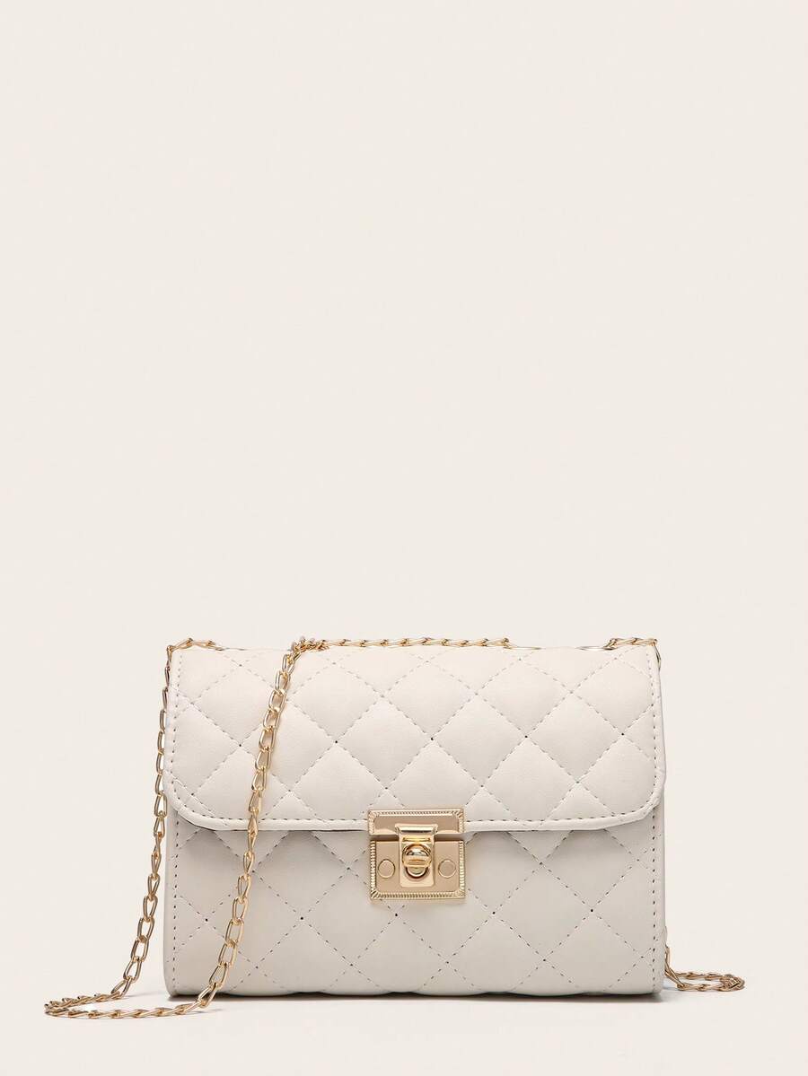 Bolso de solapa con cadena acolchada y cierre de metal - Beis - Ver 1