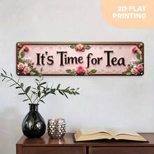 2D平面金属墙饰“下午茶时光” - 3.9x15.7英寸（10x40厘米）农舍茶会装饰牌，饰有精致的粉色茶杯和花卉图案 - 轻巧的室内/室外装饰，适用于茶室、咖啡馆和家居 - 完美呈现2D平面效果 - A - 查看 5