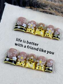 10pcs Set High-End Cute Cartoon Style, Hand-Painted Zebra Pattern, 3D Embossed Design, Bee, Shiny Small Pearl Handmade False Nails, Suitable For Amusement Parks, Aquariums And Spring Outings To Appreciate Flowers - Multicolor - View 2