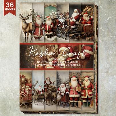 36 fogli A5 di carta da scrapbooking con sfondo vintage di Babbo Natale e renne, adatta per bullet journal, collage, biglietti, album di ritagli e artigianato
