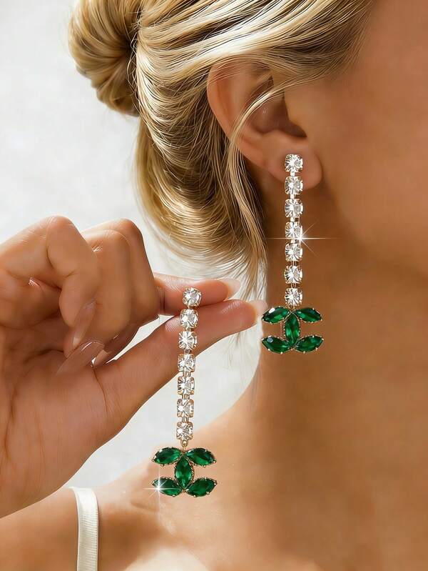 1 Pair Zirconia Flower & Geometric Earrings, Elegant Versatile Earrings With Emerald Stones, Fashion Bridal Jewelry, Luxury Wedding Gift