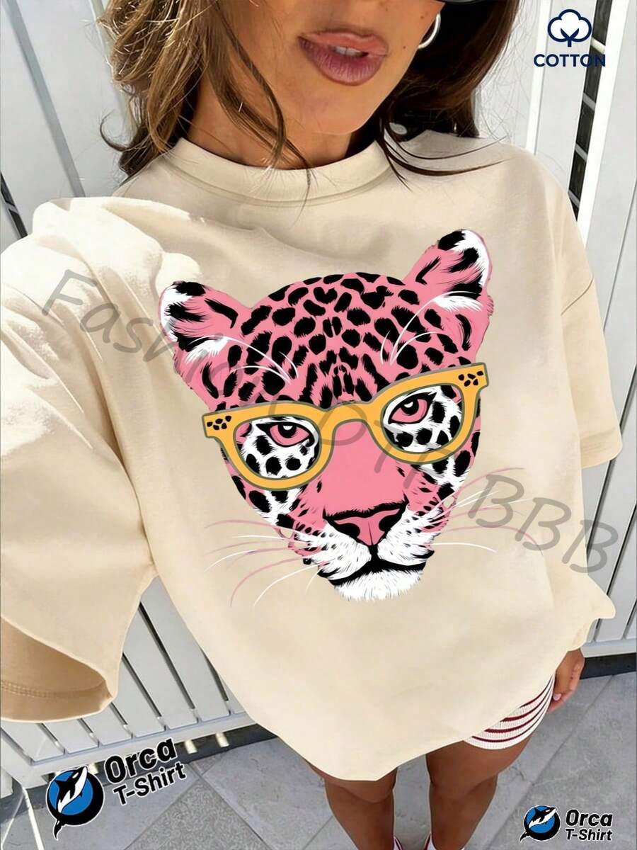 2026 New Women's Ocean Resort Style Short Sleeve T-Shirt, 100% Cotton Loose Fit, Colorful Tropical Fish And Starfish Decorative Print, Breathable And - 杏色 - 查看 1