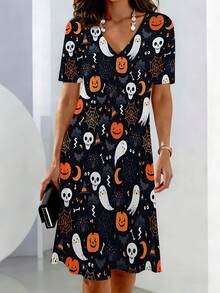 Halloween Print Dress Women Short Sleeve V Neck Midi Dress With Pumpkin Ghost Skull And Spiderweb Pattern For Party Costume Outfit - Multicolor - View 3