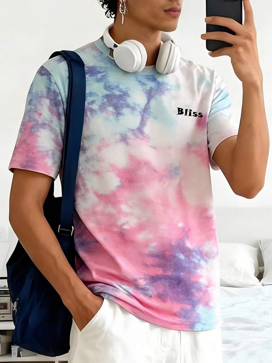Men's Letter Tie-Dye Print Short Sleeve Casual Crew Neck T-Shirt, Basic Versatile Style - Red - View 1