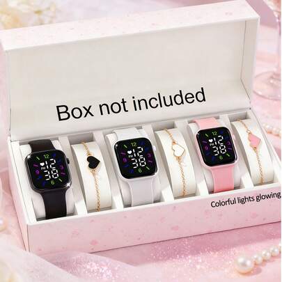 6pcs Cute Girl's Watch Accessory Set: Digital Watch And Heart Bracelet, Multi-Color Options, Colorful Light Heart Display, Day & Time Function - Back To School, Holiday Gift, Unique Birthday/Valentine's Gift For Her