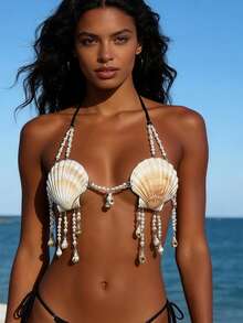 Sujetador tipo braguita de conchas para mujer, diseño de cadena de perlas, cuello halter, lencería babydoll atrevida. - Blanco - Ver 5
